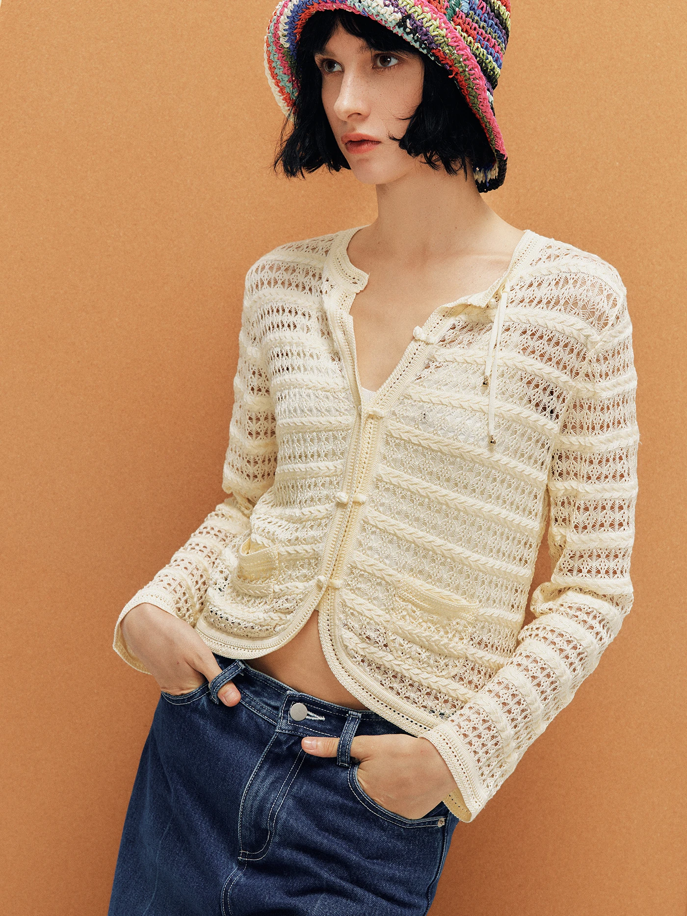 

Lemon Fragrance Hollow out Knitted Long Sleeve round Neck Cardigan Women's Premium Style Soft Polyester Fiber Spring Wear