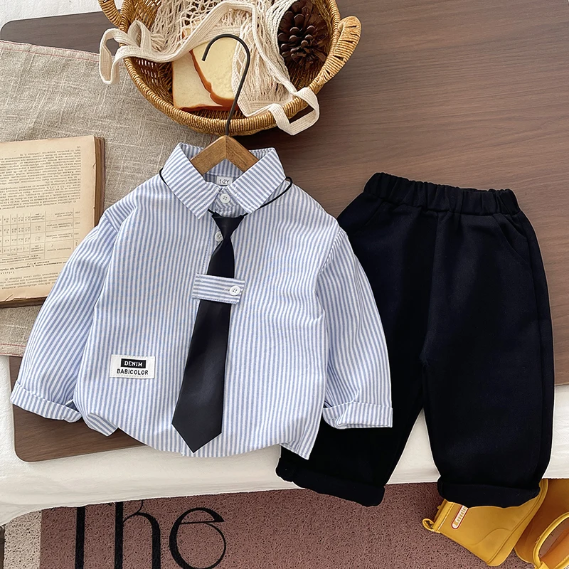 Baby Boy Gentleman Outfit Set Long Sleeve Striped Shirt with Fake Tie + Black Pants Toddler Infant Formal Clothing