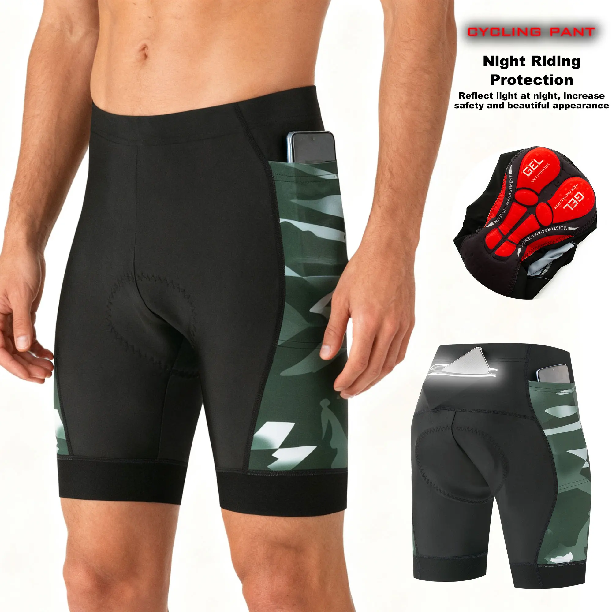 

Велосипедные шорты с 3D-подушечками, дышащей эластичной тканью, боковыми карманами для телефона, задним карманом на молнии, противоскользящими вставками на штанинах для шоссейных велосипедов