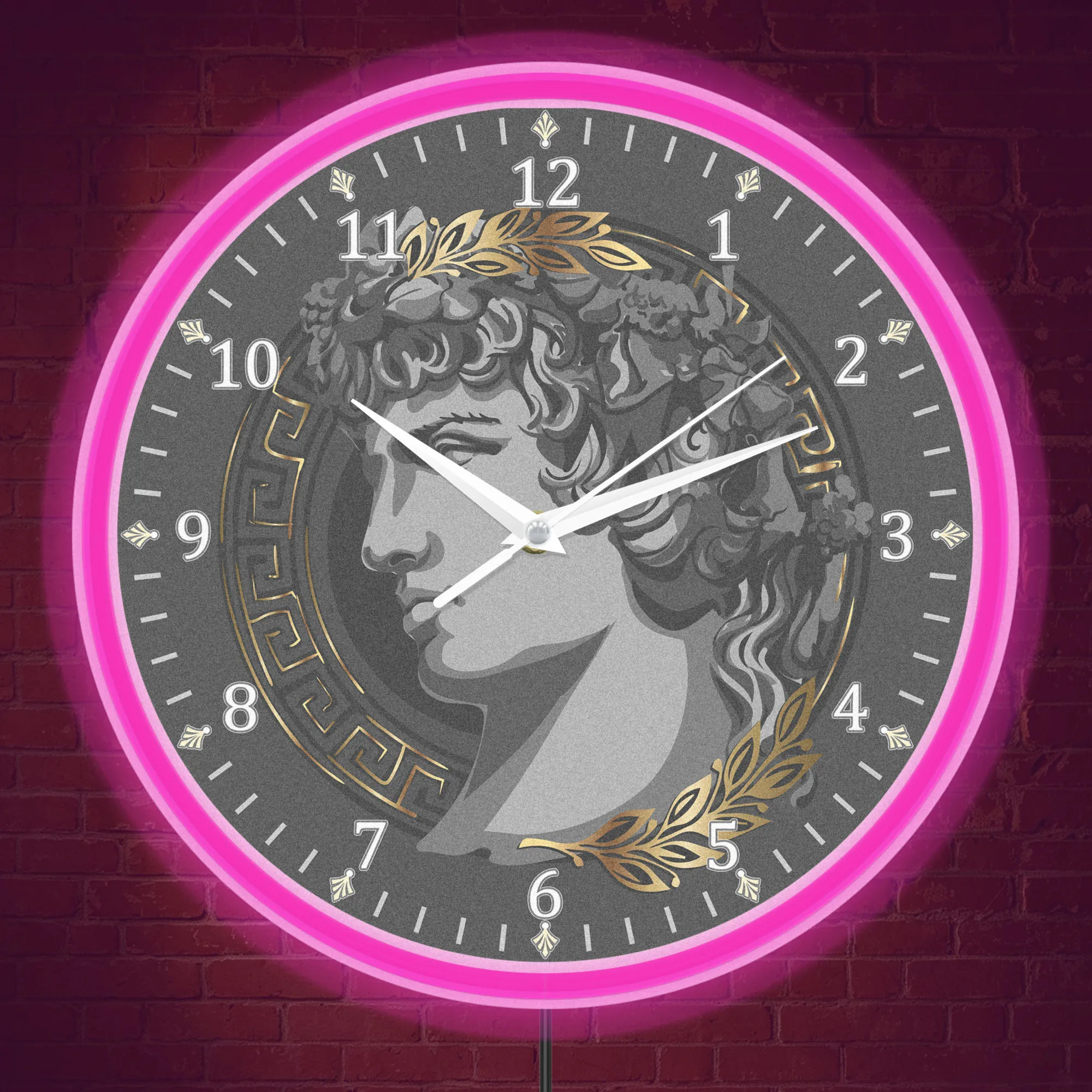 Greek God Laurel Wreath Sculpture Glowing LED Neon Wall Clock Classical Mythology Luminous Wall Clock for Office Study Room