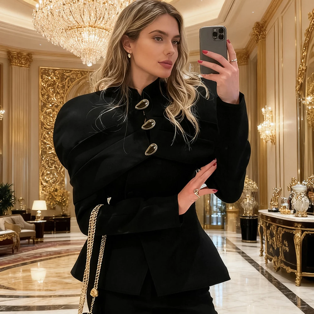 

Talenza Women's Black Blazer Fashion Vintage New Metal Button Patchwork Suits Elegant Slim High Collar Commuter Female Blazer