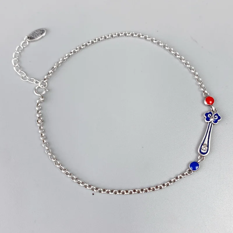 Chinese Style 925 Sterling Silver Foot Chain for Women Ethnic Simple Enamel Colorful Ruyi Shape Anklet Original Design Jewelry