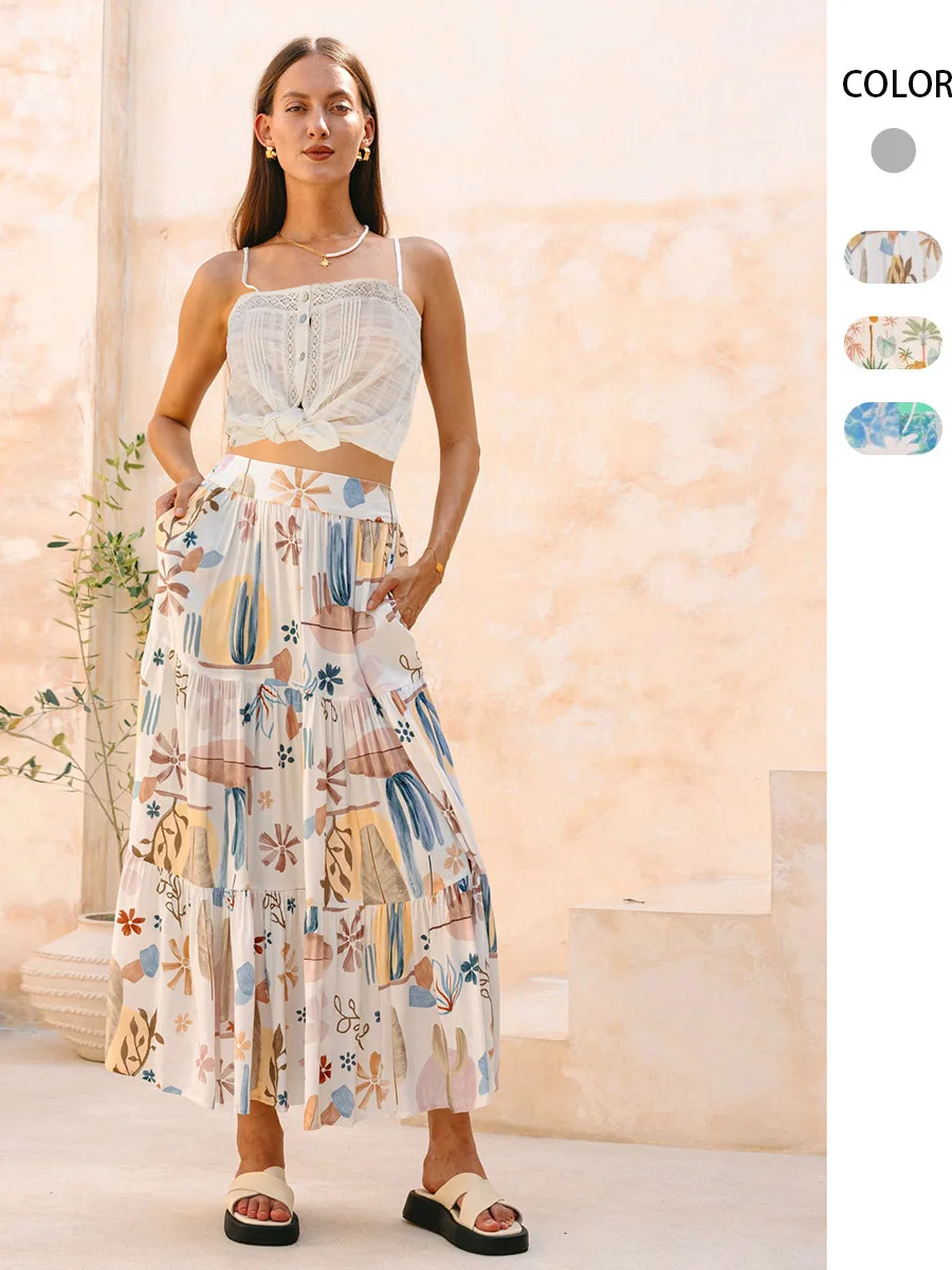 

High-Waisted Floral Printed Beach Skirt n Sle A-Line Skirt Polyester Fabric Elastic Waist for Women
