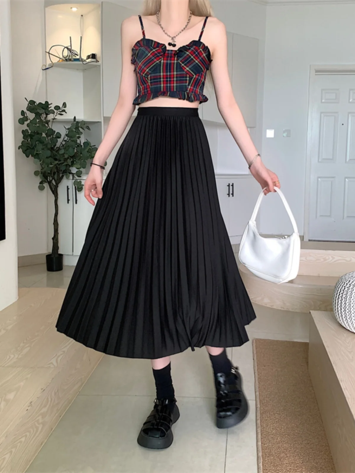 

Новая женская плиссированная юбка миди А-силуэта цвета вишневого цвета с высокой талией, эластичная, утягивающая, универсальная