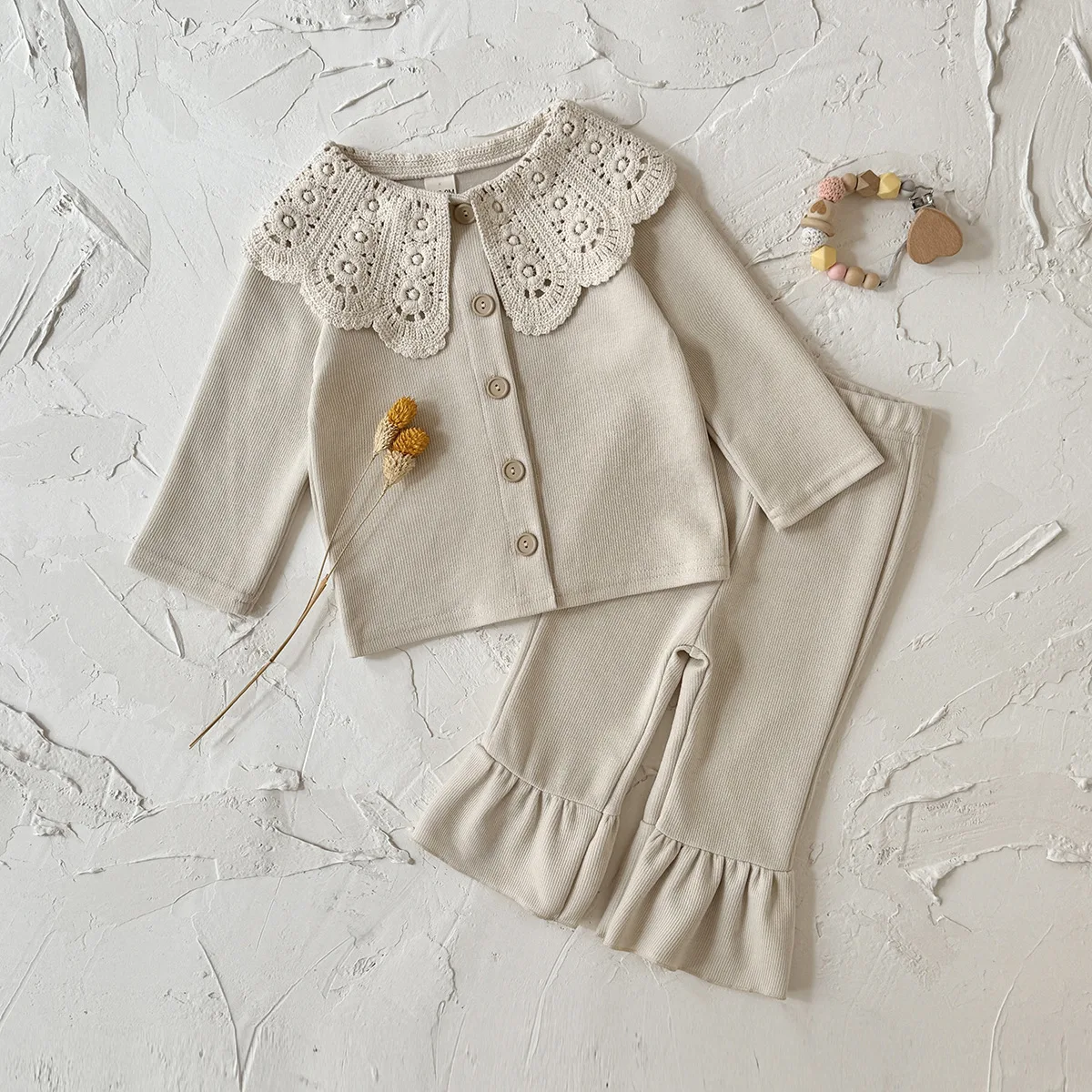 

2026 Spring 3M-3T Girls Set Lace Doll Collar Coat and Pleated Trouser Legs 2PCS Suits Solid-color Childrens Set