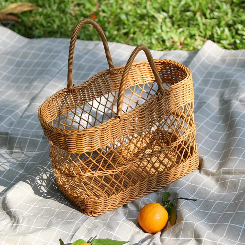 

Picnic Basket Imitation Rattan Woven Grocery Plastic Front Kids Vintage