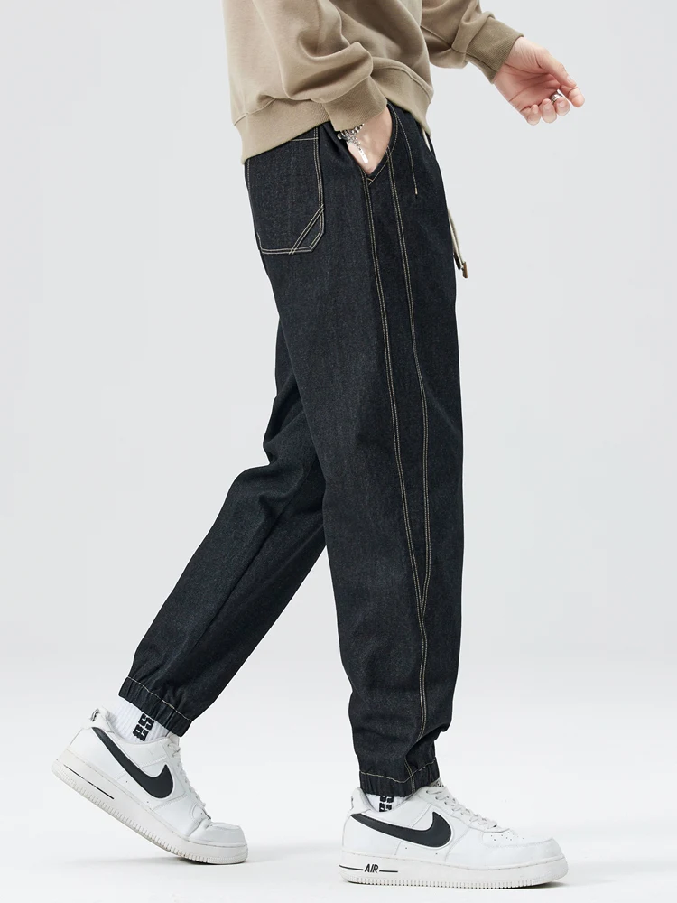 2025 Autumn New Men's Jogger Jeans Korean Fashion Elastic Waist Drawstring Slight Stretch Loose Fit Denim Pants