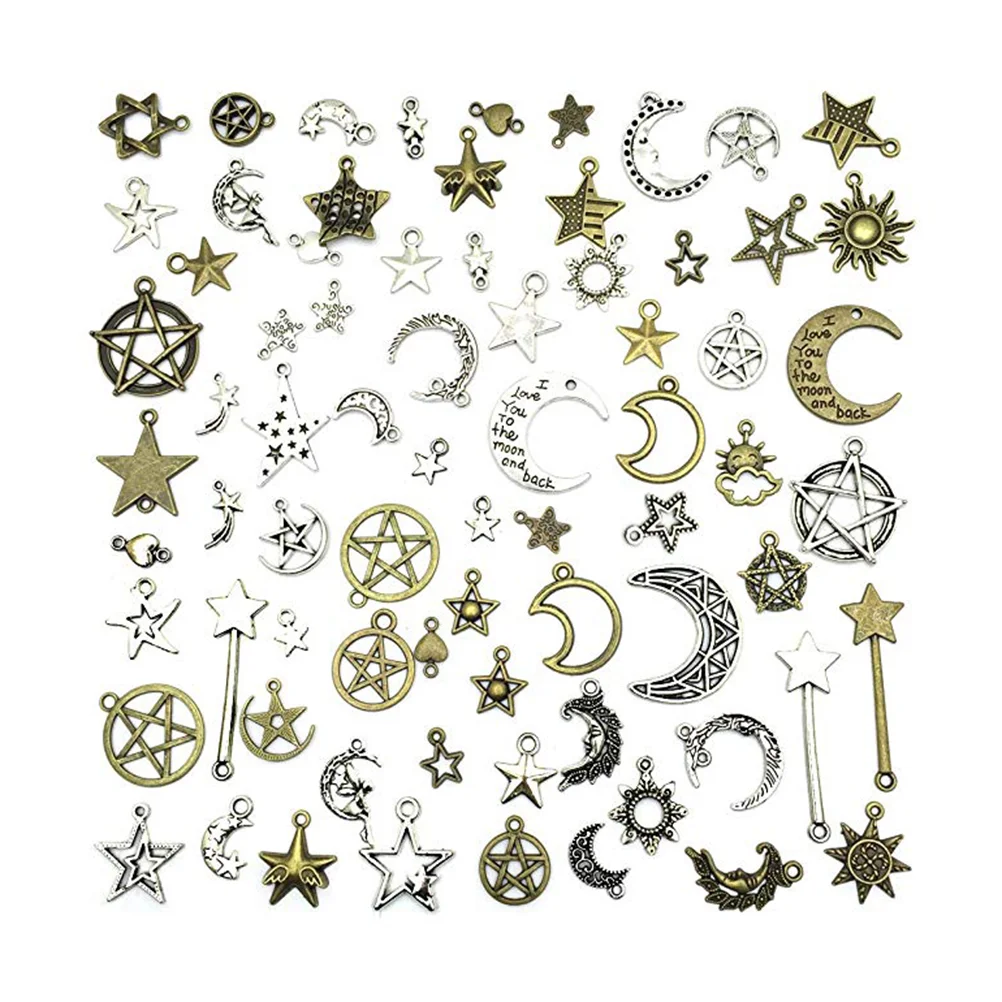 

74 Pcs Star Charms DIY Jewelry Accessories Moon Hanging Ornaments Shaped Pendants Alloy Making Tibetan Silver