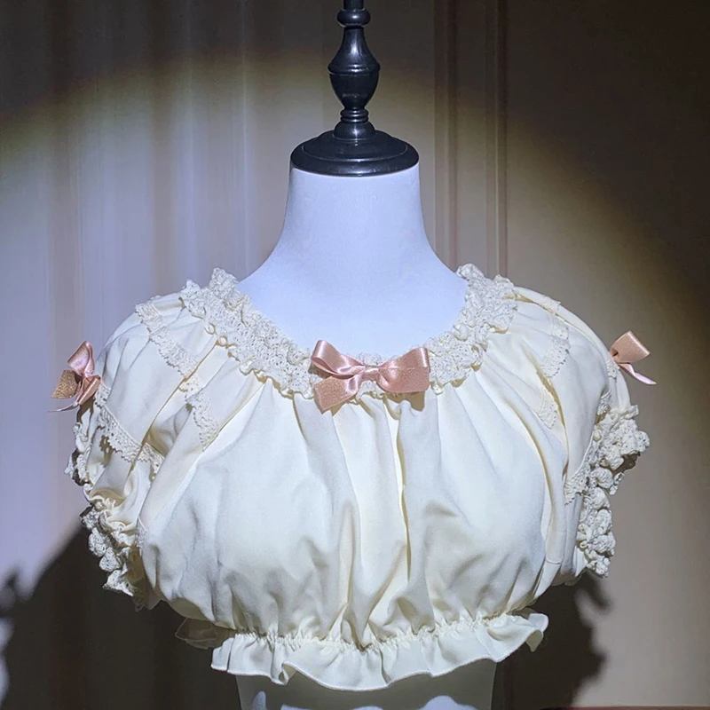 

Kawaii Cropped Bow Shirts Women Y2K Lolita Lace Patchwork Blouses Summer Japanese Harajuku Vintage Puff Short Sleeve Design Tops