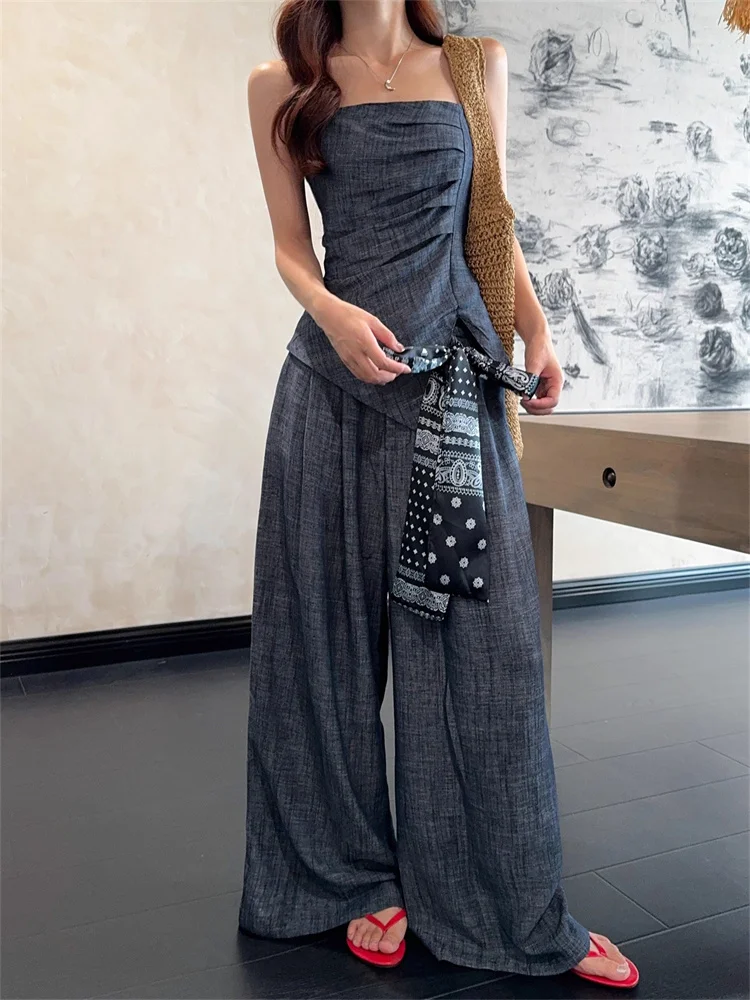 

Korean Style Fashionable Three Piece Sets Women's Summer Irregular Camisole Top & Wide Leg Pants with Silk Scarf Matching Sets