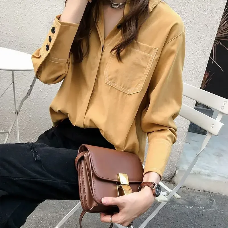 New Street Casual Fashion Solid Patchwork Blouses Women Clothing Spring Summer Thin Office Lady Turn-down Collar Pockets Button