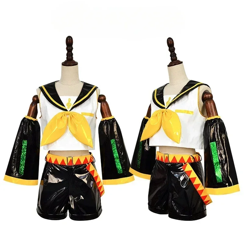 

In Stock Rin Len Cosplay Costume Twins Leather Latex Shorts Classic VS Suit Full Set Wig Halloween Xmas