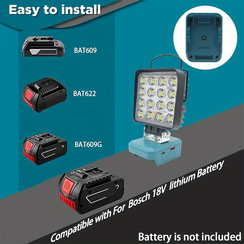 Portable LED Work Light for bosch 18V for Job Site Lighting-48W 3400LM with USB  Type-C Charging Port and Low Voltage Protection