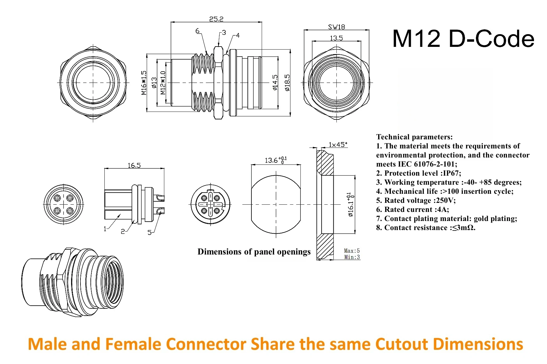 Profinet M12 4-Pin D-Code auf RJ45 Cat5 Ethernet-Durchgangsbuchse Schottmontage Rundsteckverbinder für EtherCAT, Sensor – Detail 1