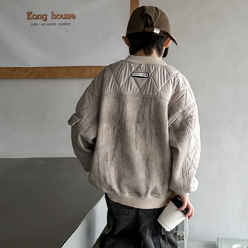 

2025 New Boys' Winter Clothing with Velvet Round Neck Hoodie and One piece Velvet Children's Clothing Thick Bottom Shirt