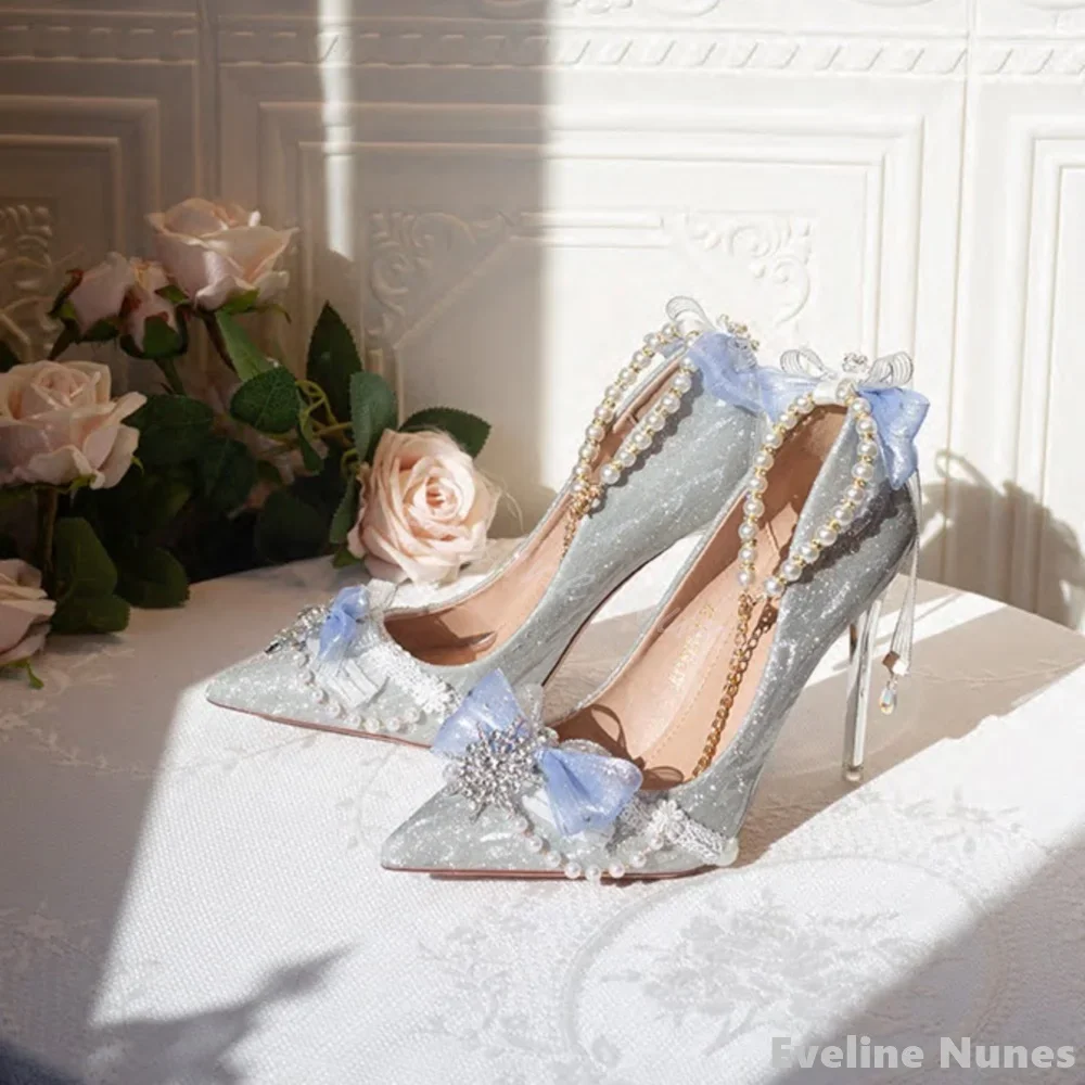 Shiny Rhinestone Chain Lolita Pumps Women Pointed Toe Lace Ankle Buckle Sexy Stiletto Heels Spring Party Wedding Fashion Pumps