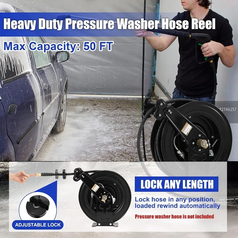 High Pressure Washer Hose Reel for Water/Air/Oil, 3/8" X 50 FT Steel Dual Arm Auto-Retractable Power Wash Hose Reel