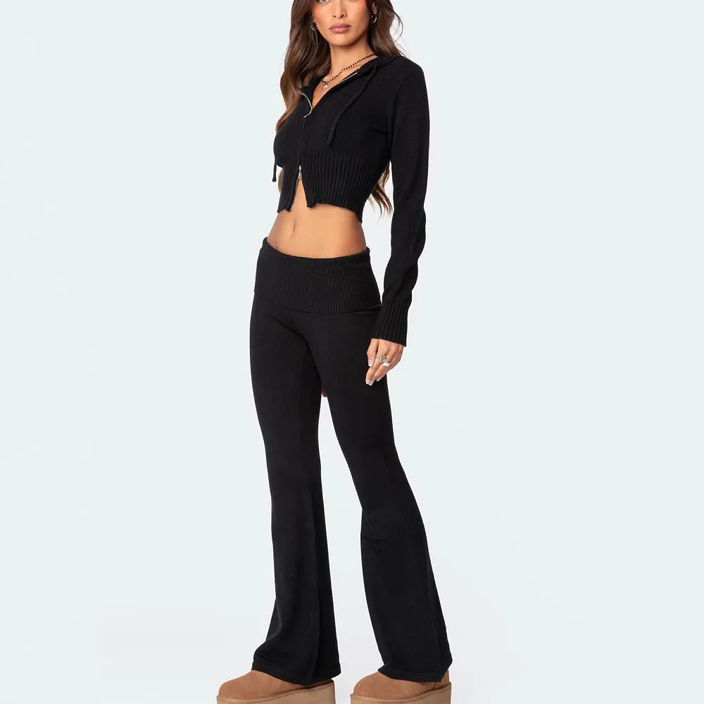 

2025 Fashion Women Ribbed Knit 2 Piece Outfits Long Sleeve Zipper-Up Slim Fit Hooded Crop Top Elastic Long Pants Set Tracksuits