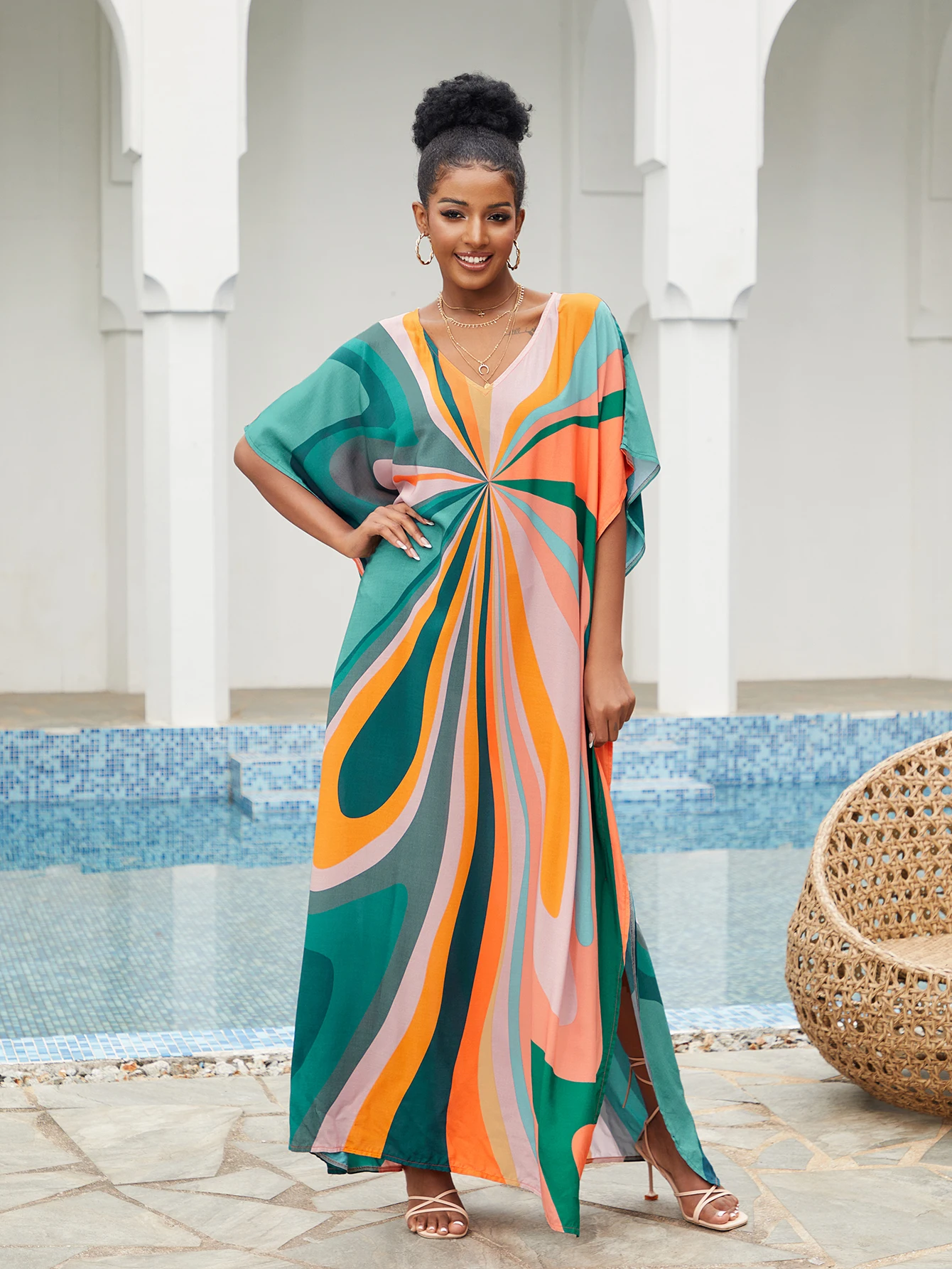 Multicolor Printed Fashionable V-neck Batwing Sleeve Kaftan Dress 2024 Woman Summer Lounge Around Oversized Maxi Dresses Q1546