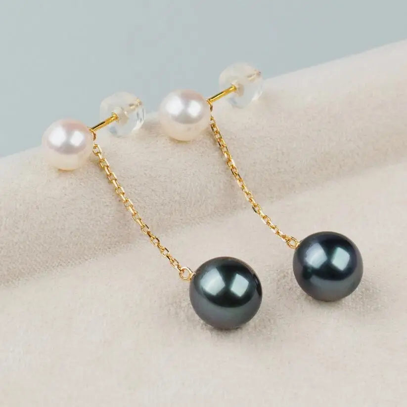 

Double 5-6mm 8-9mm Akoya White Pearl&Black Tahitian Pearl Drop Earrings