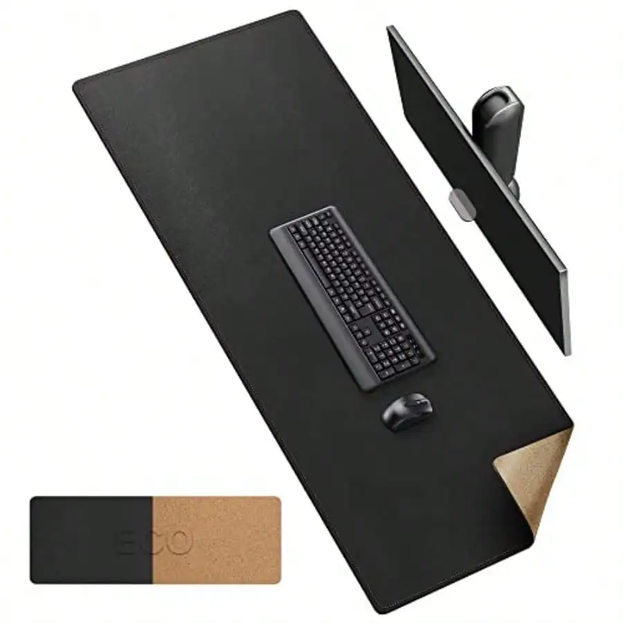 

Cork and Leather Desk Mat 63' x 23.6' Large XXL Full Size Reversible Desk Pad Protector for Gaming and Home Office Black