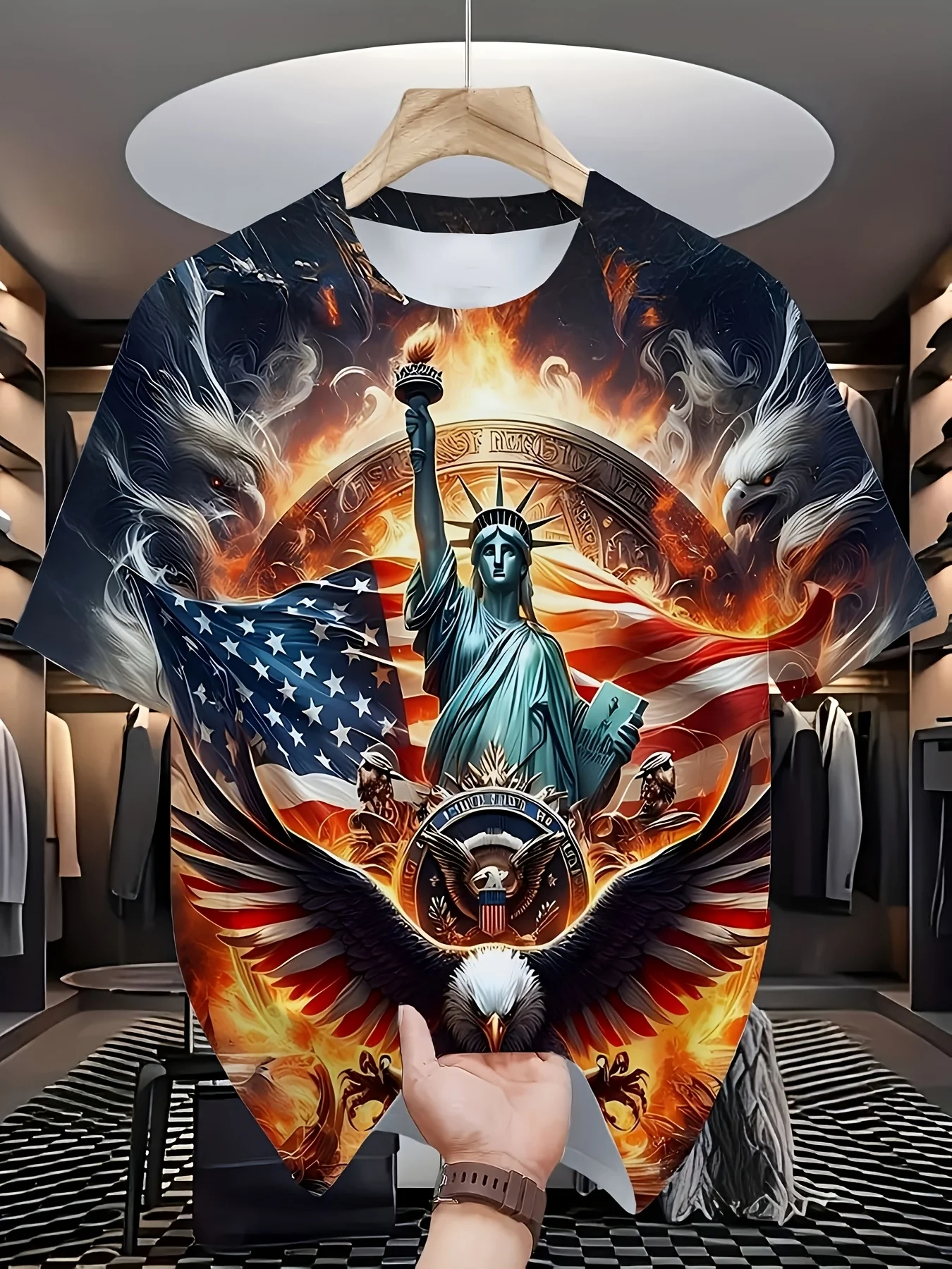 

Men'S Plus Size 3D Print T-Shirt,Statue of Liberty & American Flag Design,Summer Fashion Short Sleeve Tee,Casual Crew Neck Top