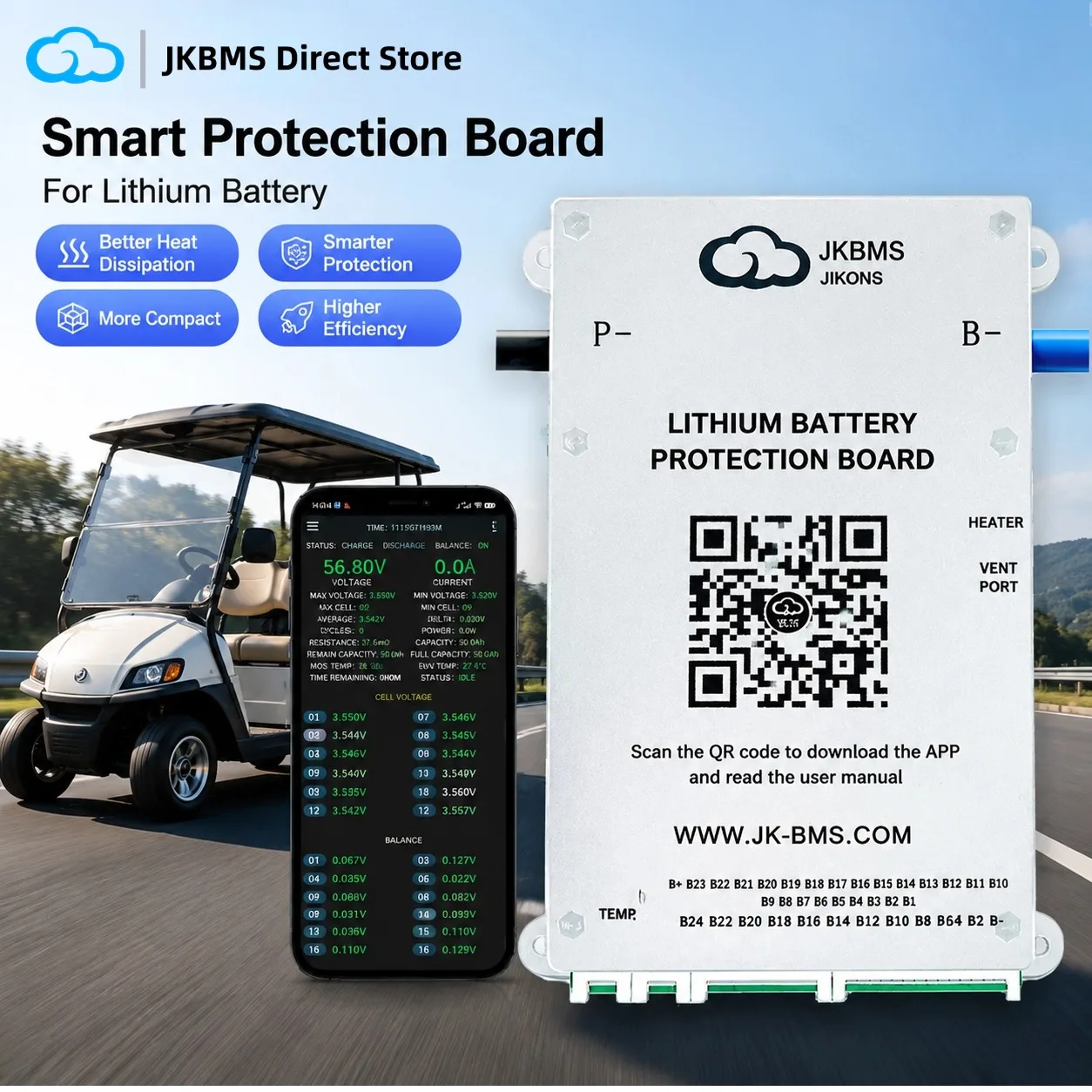 Original JKBMS JK-B1A8S20P 4S-8S 200A Smart BMS 1A Active Balancer Battery Protection Board for Lifepo4 LTO 12V 24V RV