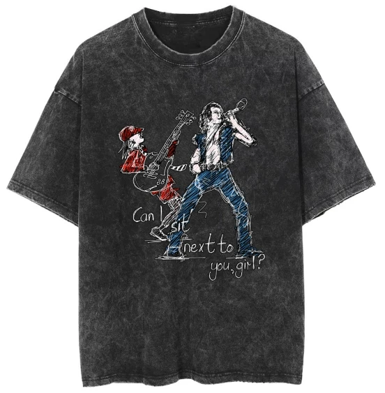 

2025 Can I Sit Next To You A.C D.C Bon Scott Angus Young retro washed old heavy cotton solid color short-sleeved summer loose