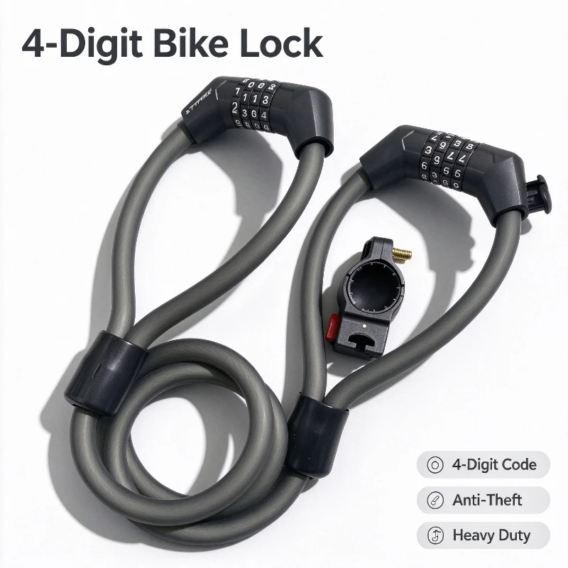 4‑Digit Dual‑Head Bike Lock Anti‑theft Heavy‑Duty Resettable Combination Bike Lock with Mounting Bracket