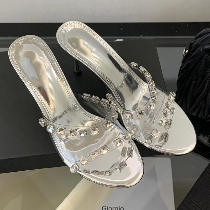 

Прозрачные шлепанцы из ПВХ со стразами на тонком каблуке, женские шлепанцы с круглым носком, женские летние новые модные женские сандалии на высоком каблуке с кристаллами