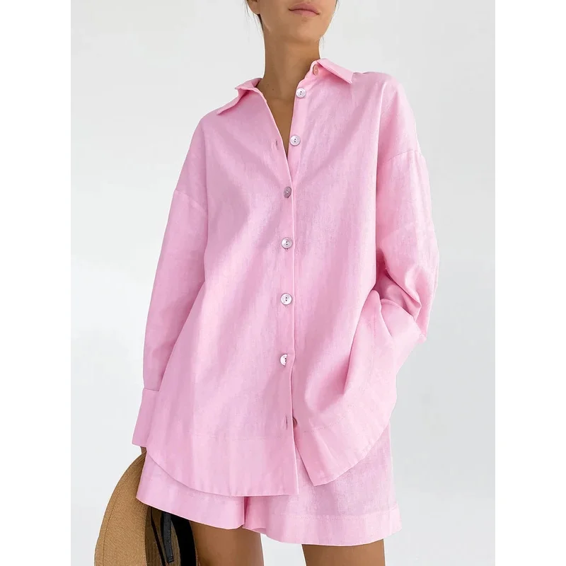 Linad Loose Women's Home Clothes 2 Piece Sets Pink Long Sleeve Sleepwear Female Casual Suits With Shorts 2023 Spring Solid