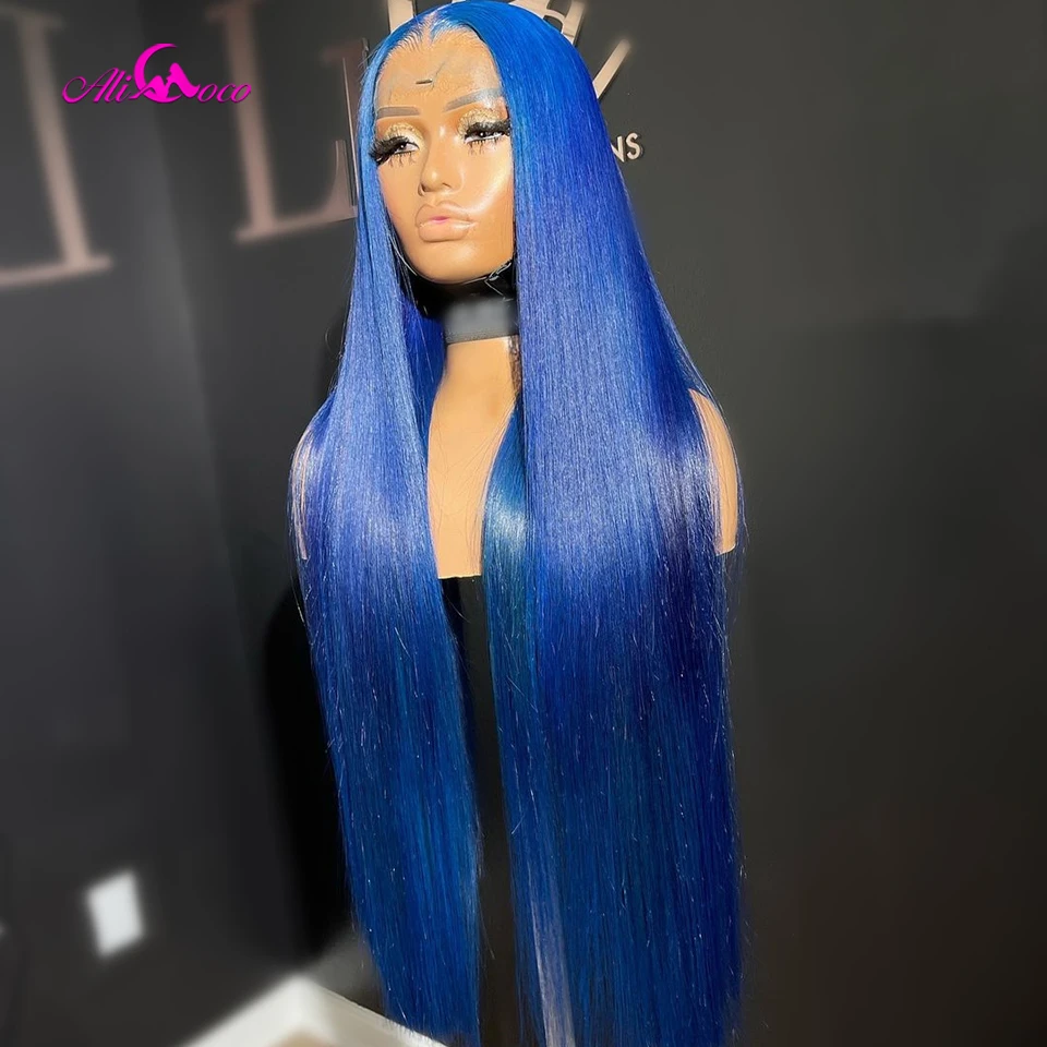 

Dark Blue 200 Density Lace Front Wigs Human Hair Blue 34 36 Inch Transparent Lace Brazilian Hair For Women Straight Long Length