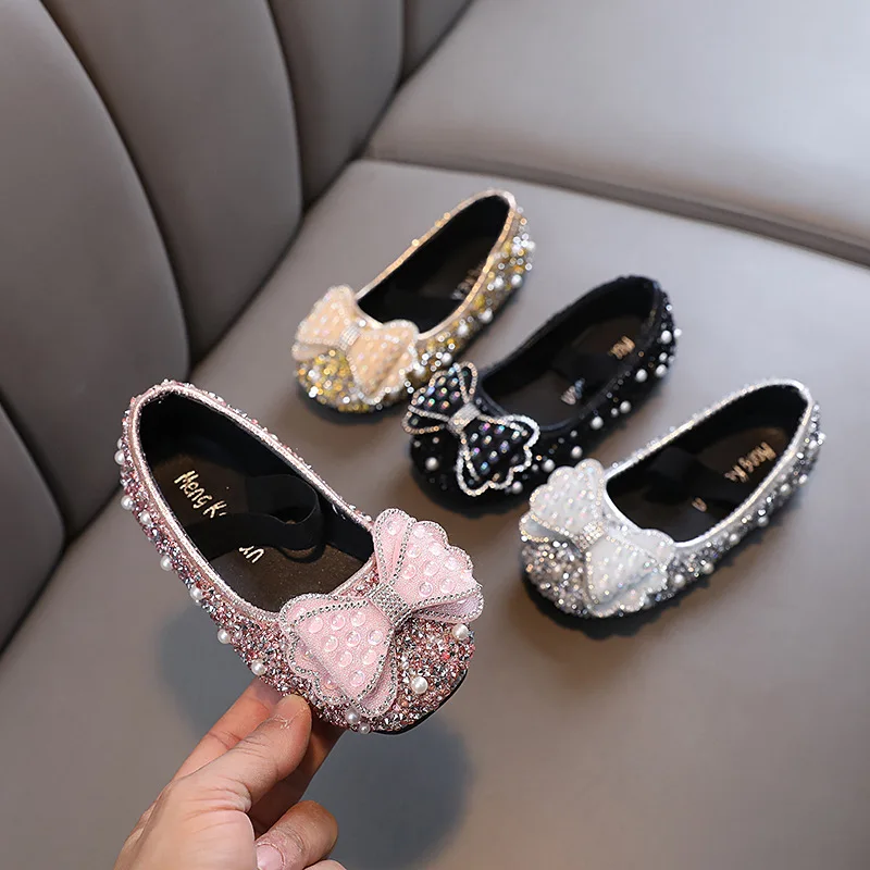 Girls Leather Shoes Fashion Butterfly Sequins Pearl Little Girl Shoes Soft Comfortable Flat Party Dance Kids Princess Shoes H806