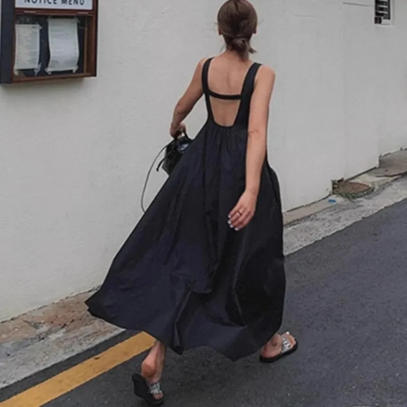 

Johnature New Cotton Sleeveless Strap Women Dress 2025 Summerkorean Casual Loose Backless Slip Dress Resort-style Beach Dresses