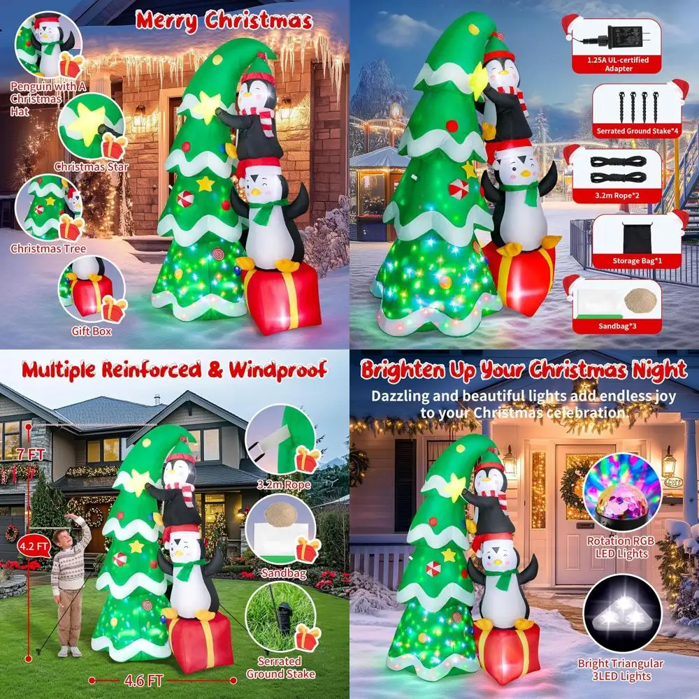 

7-футовая уличная надувная рождественская елка со светодиодной подсветкой, пингвином и подарочной коробкой, украшения для двора для праздничного сезона