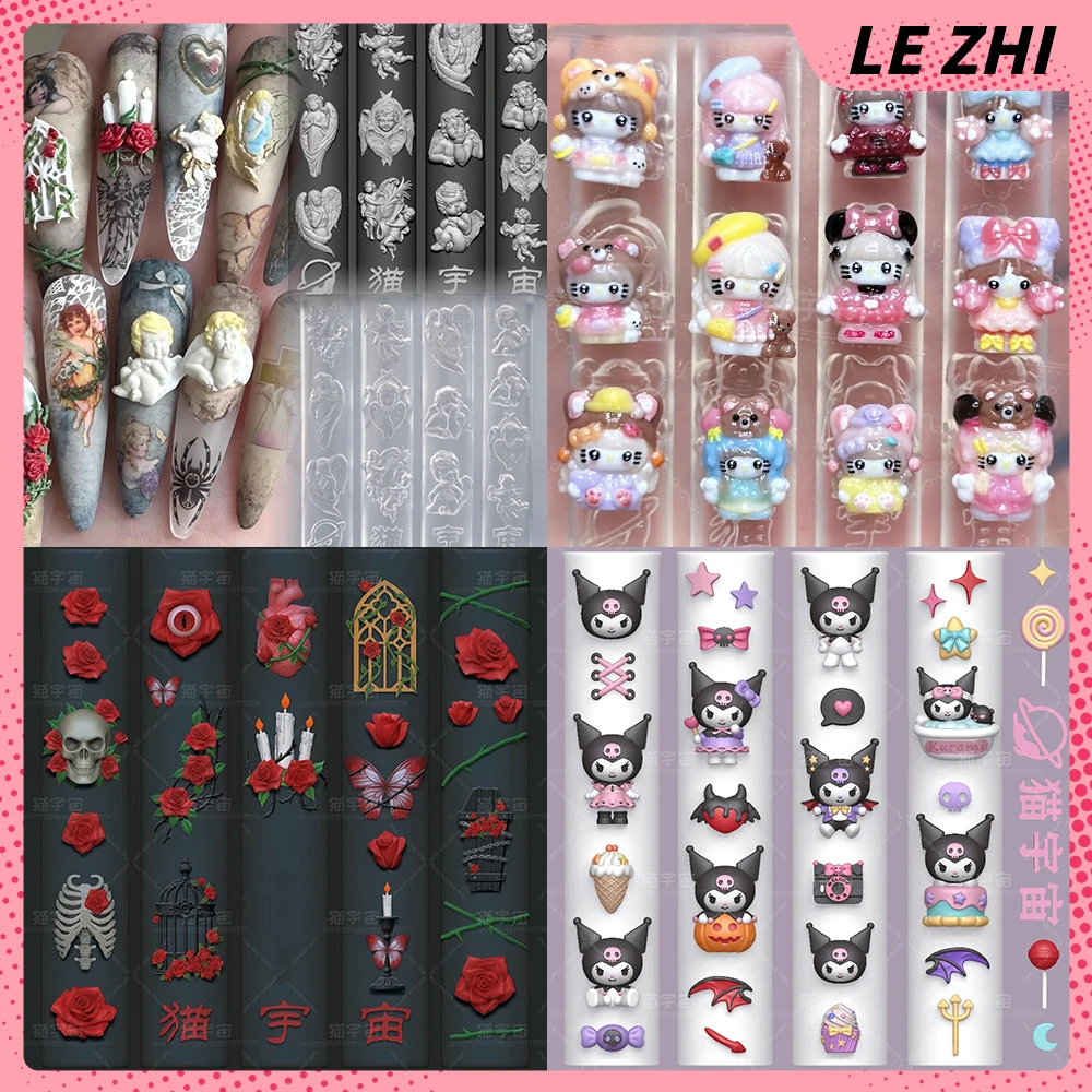 

1Pc Cartoon Sanrio Kuromi Diy Handmade Silicone Nail Mold Charms Kawaii Cat Rabbit Bear Angel Jellyfish Flower Bow Nail Art Mold