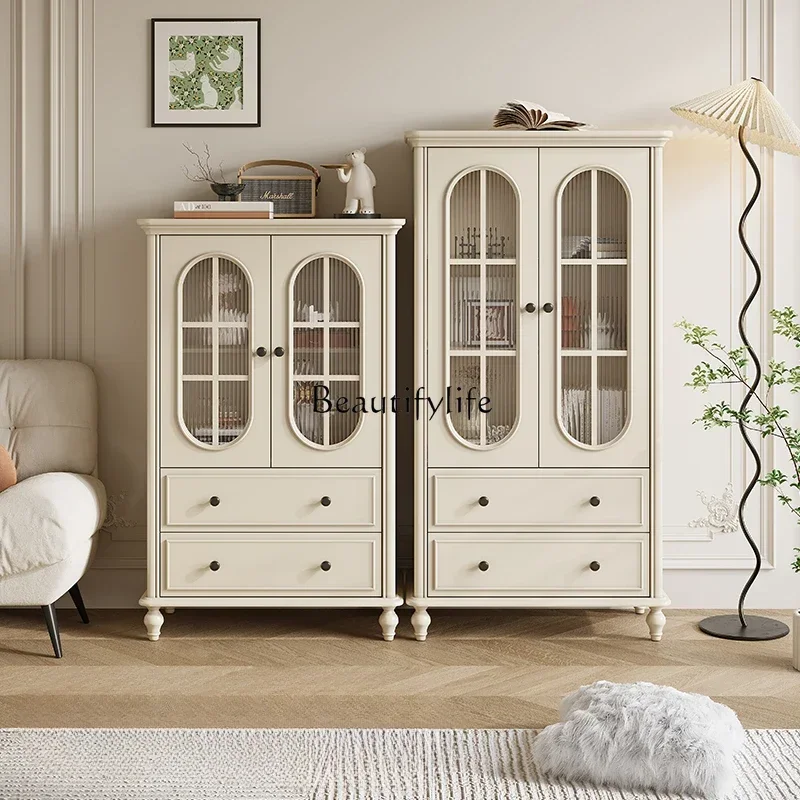 

LD33American light luxury high and low cabinets solid wood storage living room wall display white storage cabinet