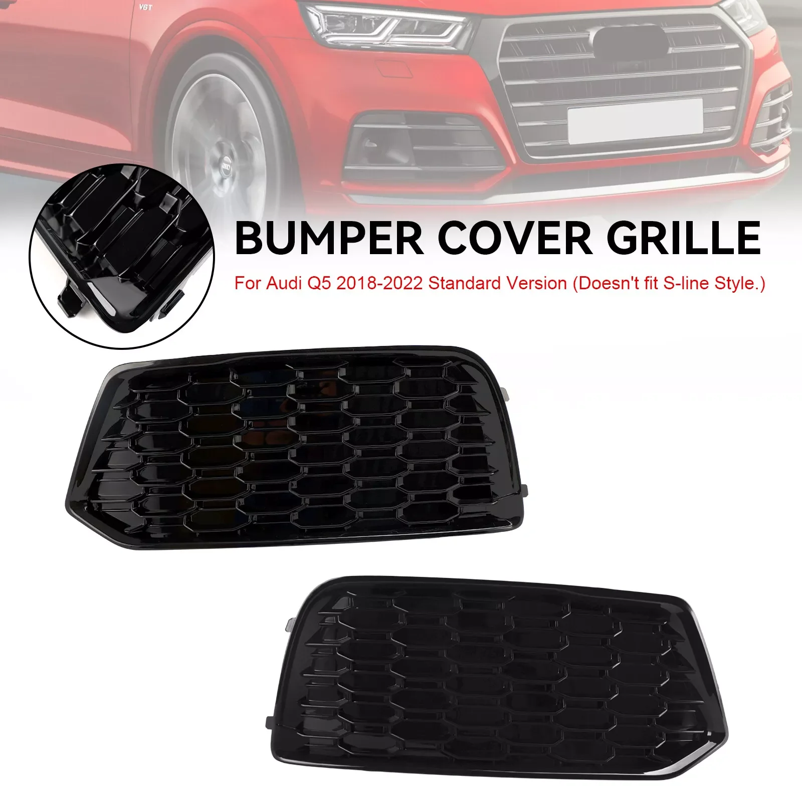 Glossy Black Front Bumper Fog Light Grills Trim Cover Honeycomb For Audi Q5 2018 2019 2020 Regular Model 80A807679D 80A807680D