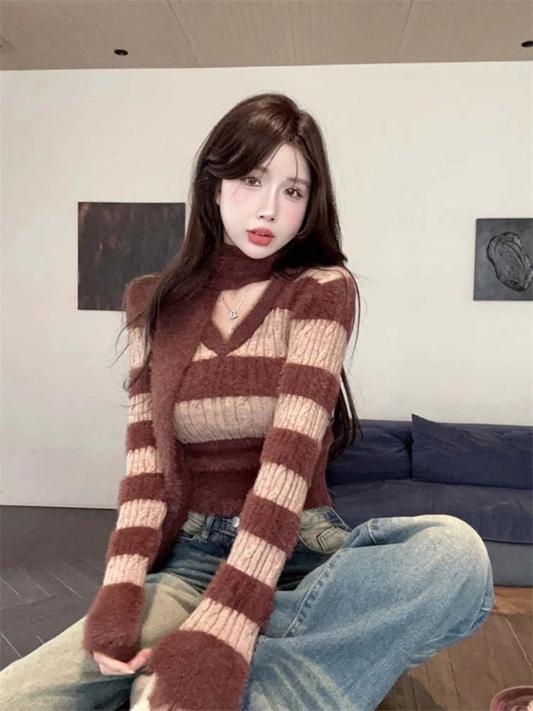 سترة نسائية محبوكة بياقة على شكل V من Pure Desire، ملابس داخلية شتوية مخططة بتصميم حورية البحر من فرو المنك