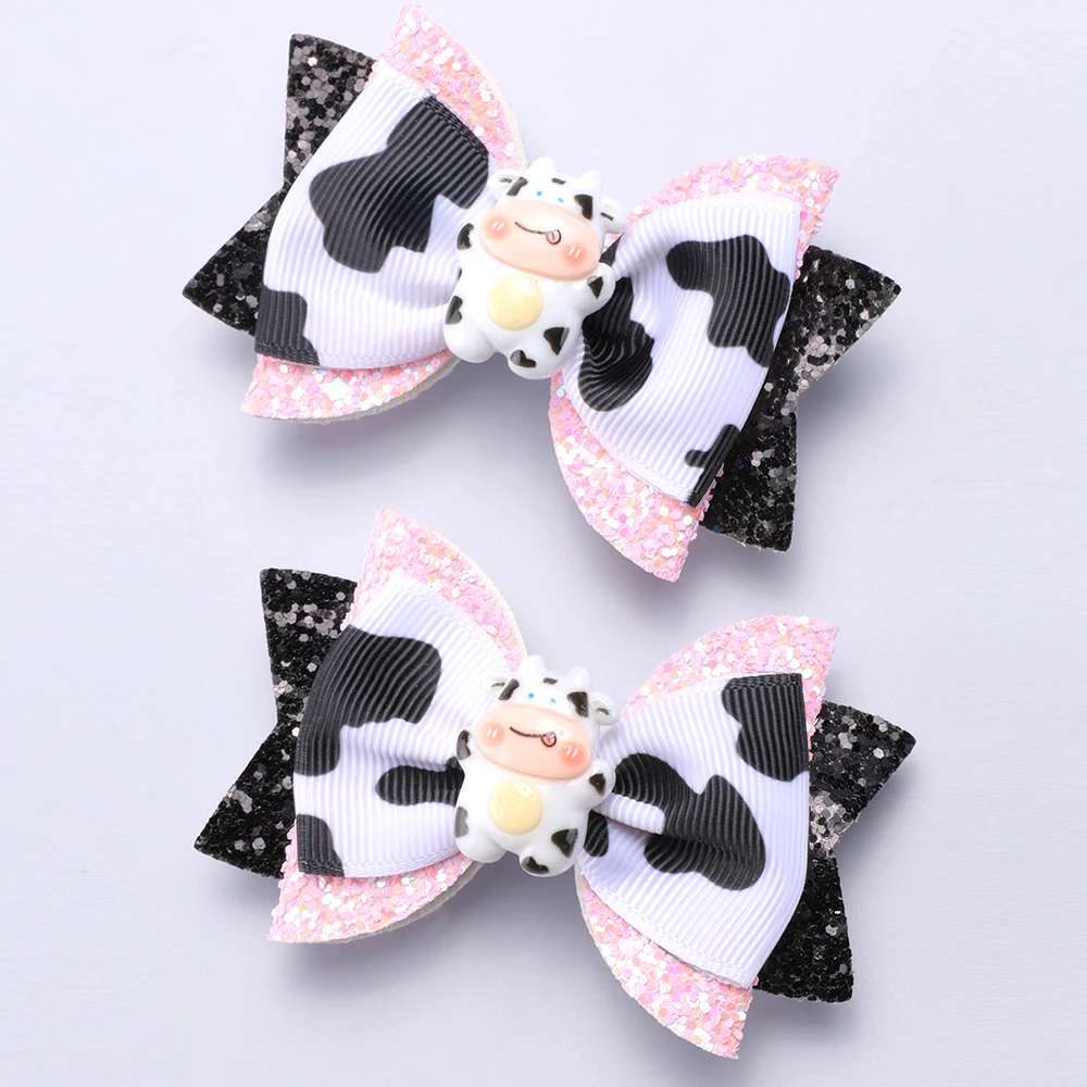 2 PC Girls Cow Print Glitter Bow Hair Clips Cute Cow Bow Grosgrain Ribbon Bow Clips Girls Hair Accessories Headwear Hair Clip