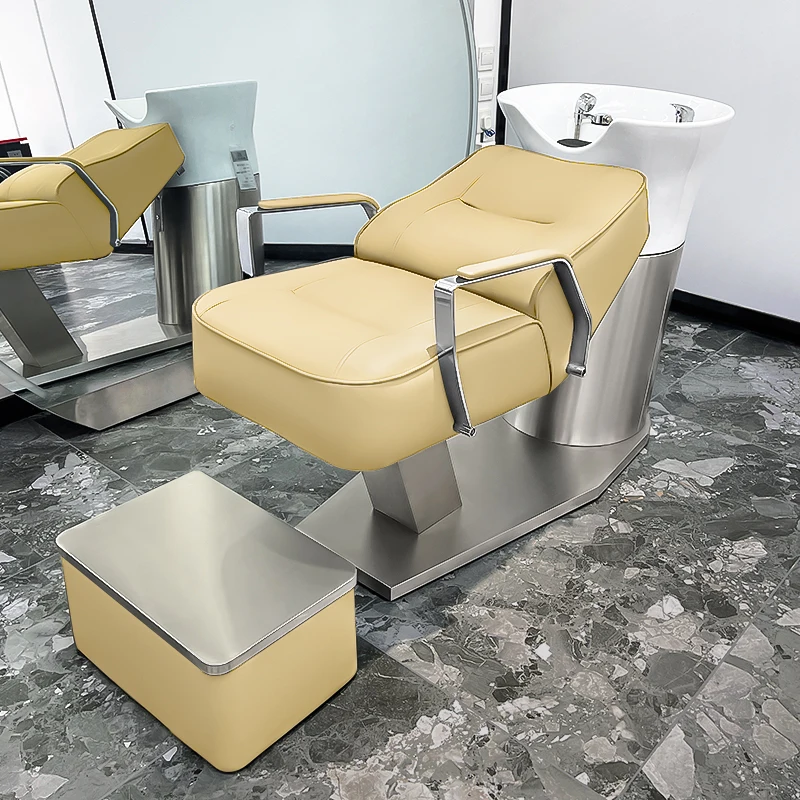 Modern And Durable Semi-reclining Ceramic Basin Leather Shampoo Bed With Stainless Steel Frame, Luxurious Design, Suitable For H