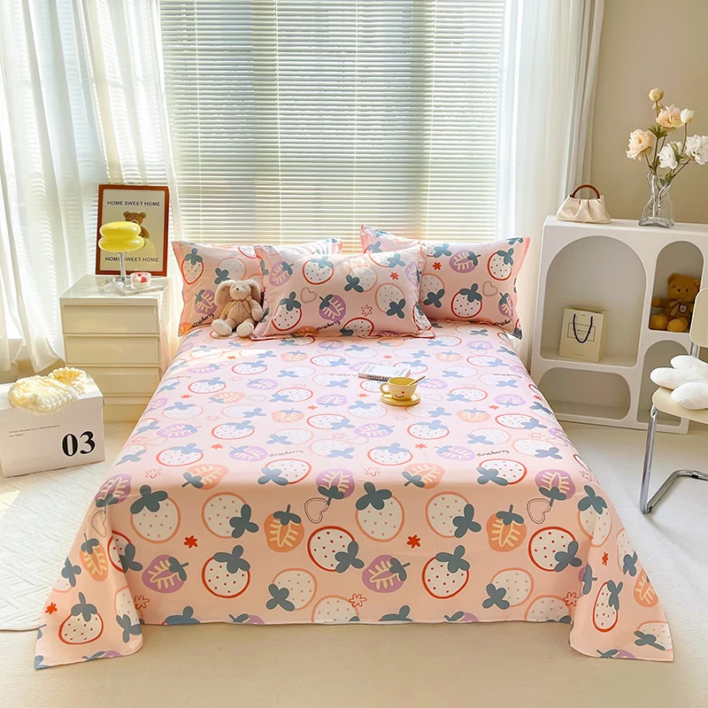 Kawaii sprei datar stroberi dengan 2 sarung bantal, Set seprai katun merah muda ukuran Queen, sarung tempat tidur buah lucu gaya rumah pertanian