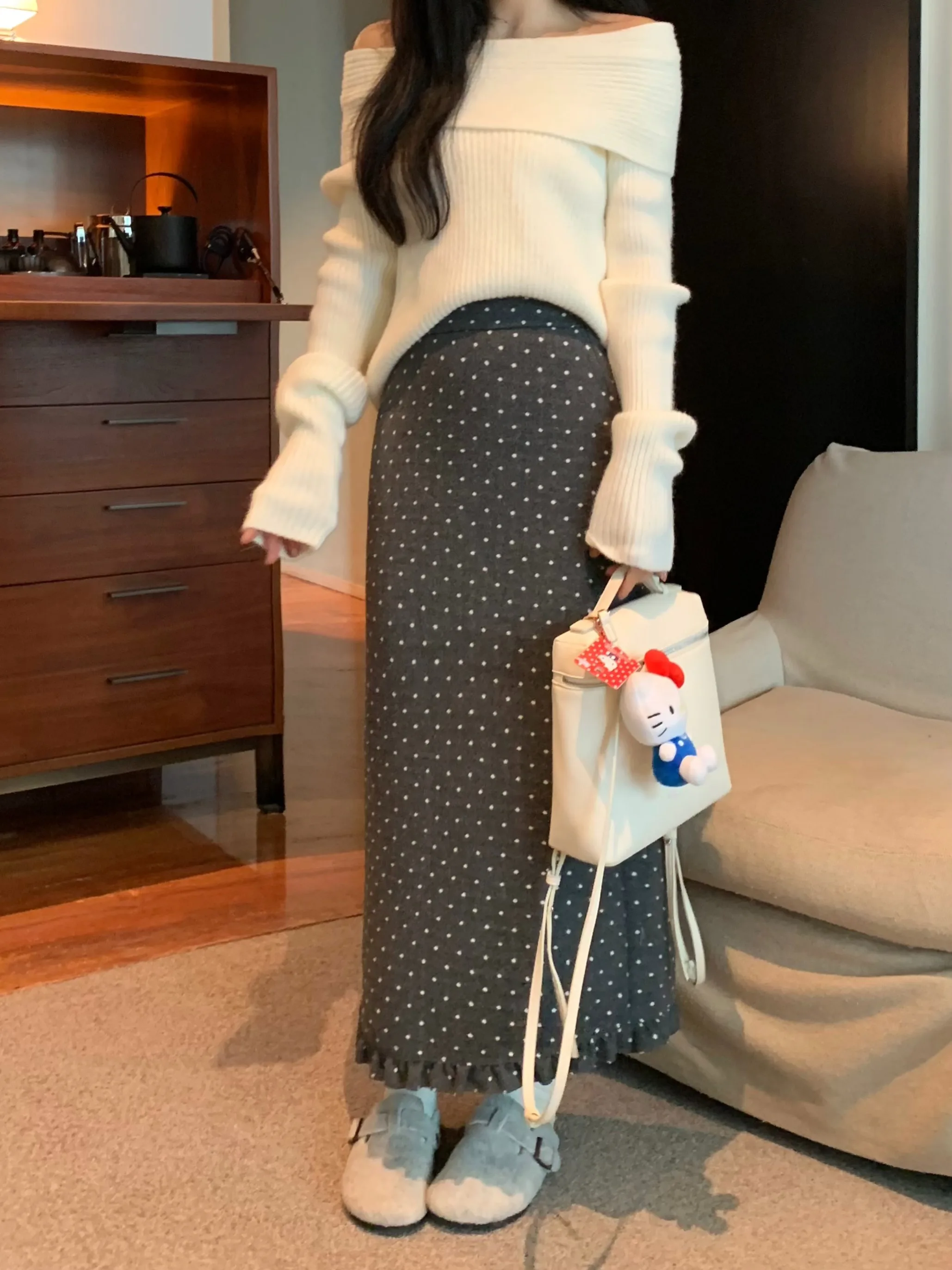 레트로 폴카 도트 니트 스커트 하이 웨이스트 스트레이트 컷 여성용 겨울 신상 슬림 미디 길이 바디콘 스커트
