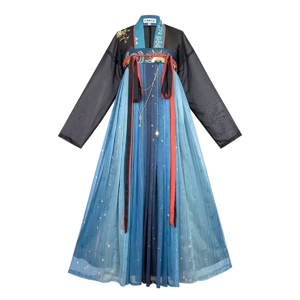 Traje trandicional Han Styel, dynastyes del Sur, traje Hanfu, Top negro, falda azul hecha por la dinastía Tang con una falda de longitud en el pecho