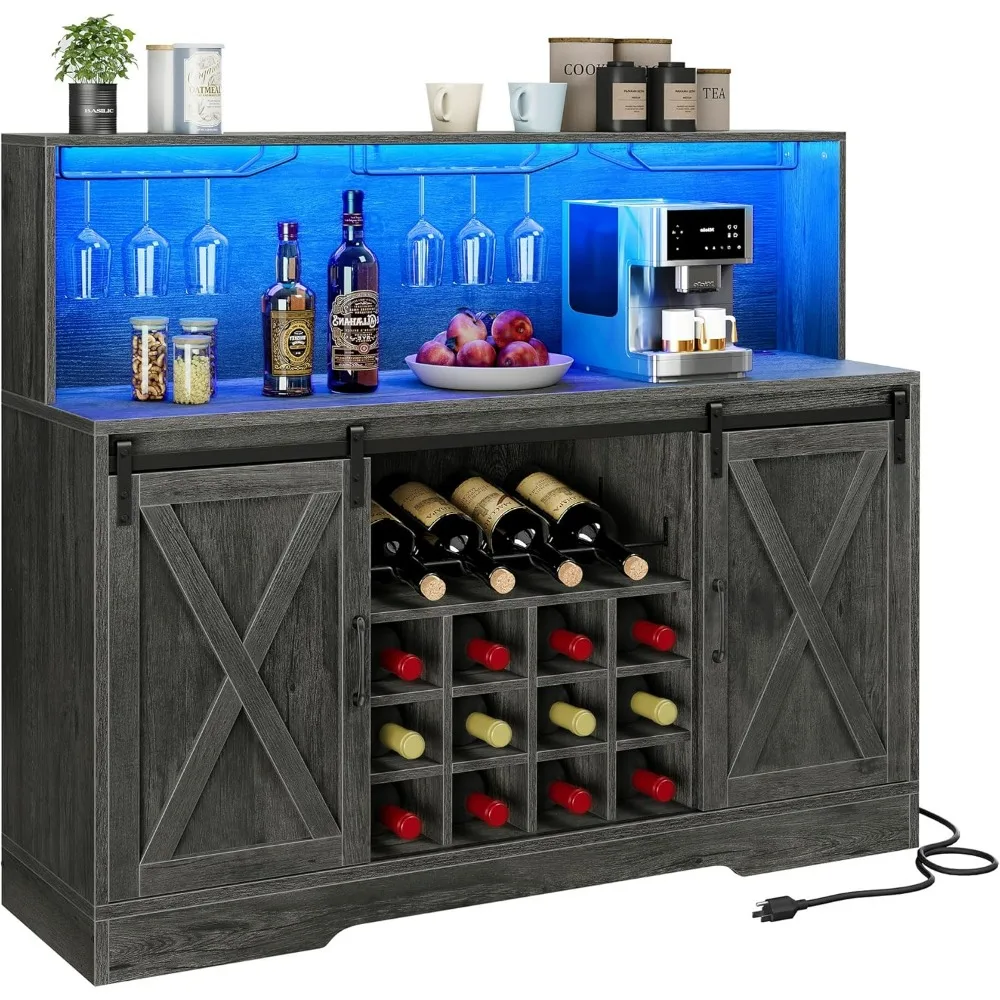 Bar Cabinet,w/Power Outlets LED Lights W/Sliding Barn Door Wine And Glass Rack With Storage Shelves,display Cabinets