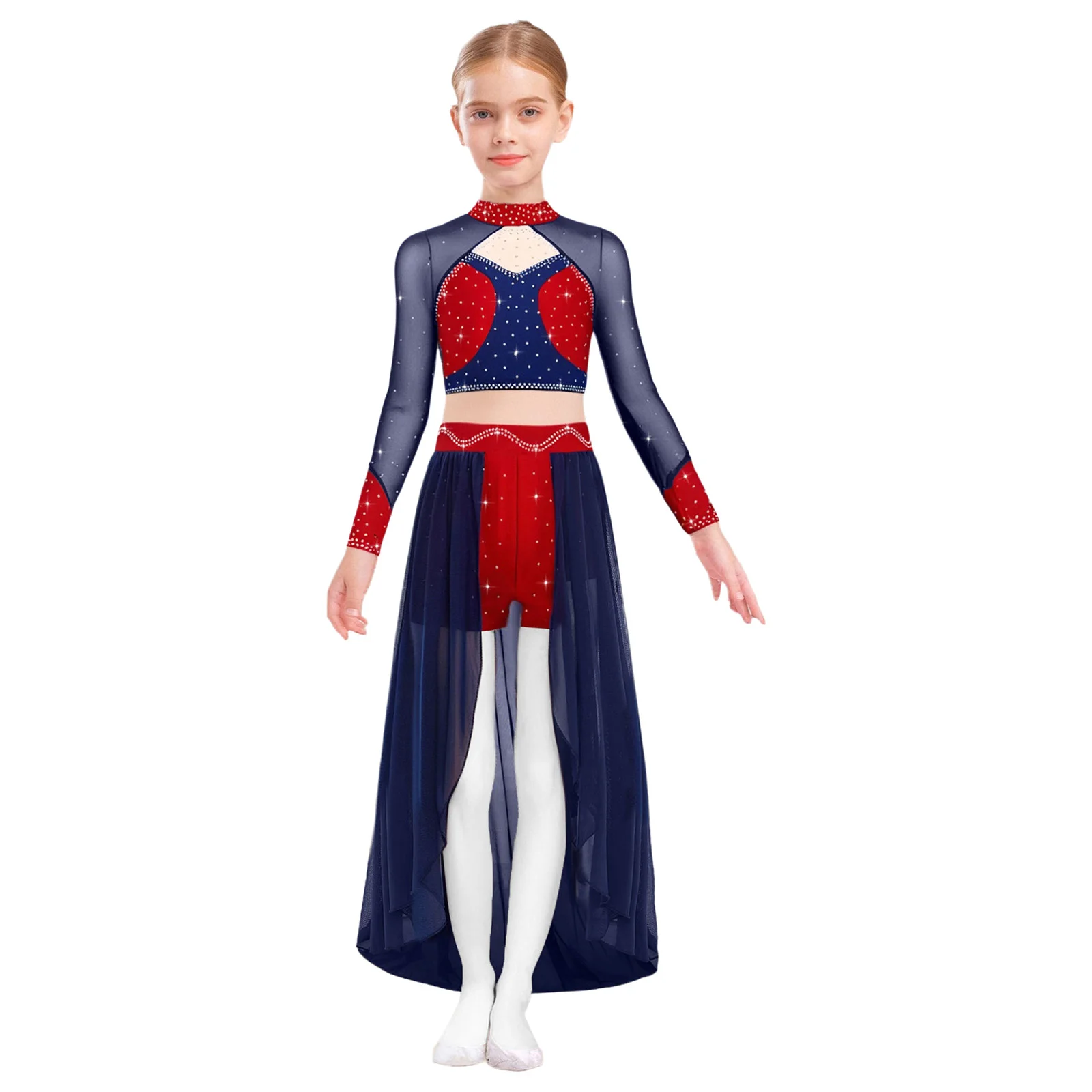 

Kids Girls Lyrical Modern Ballroom Dance Performance Costume Long Sleeve Sheer Mesh Rhinestones Crop Top with Skirt Dancewear