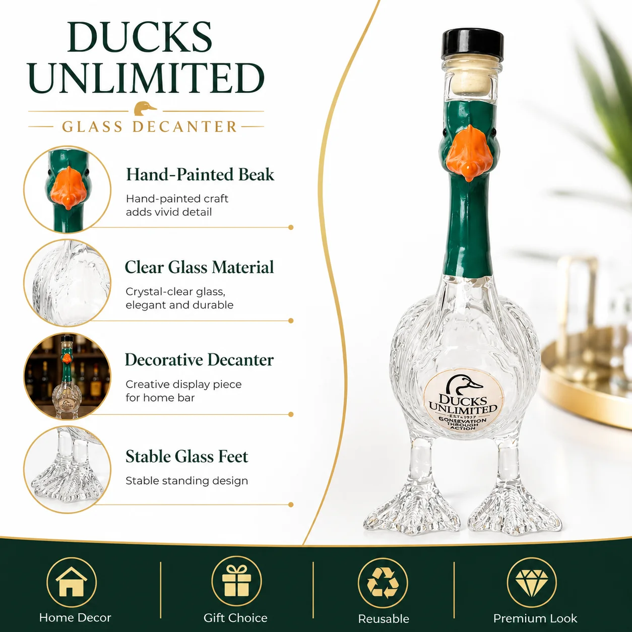 Ducks Unlimited Themed Mallard Duck Glass Decanter Bourbon Whiskey Storage Bottle Gift for Duck Hunters Collectors