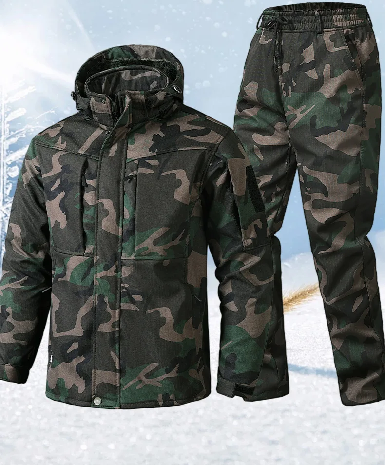 Winter Camouflage Set Men Windproof Outdoor Assault Tactic Uniform Multi Pocket Hooded Warm Wear Resistant Labor Protection Suit