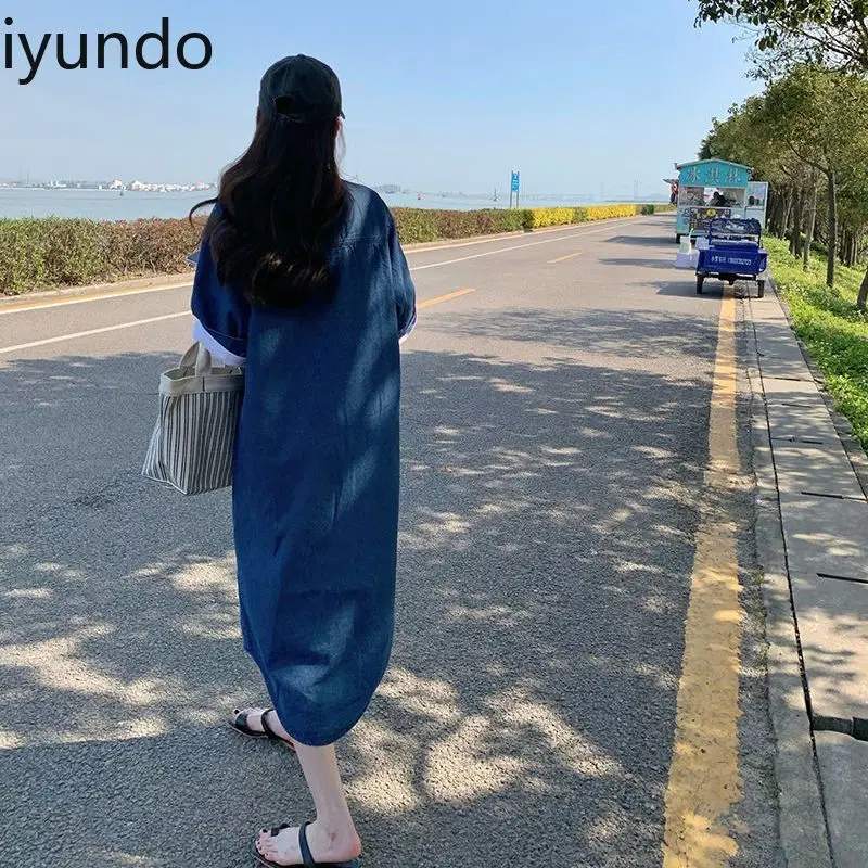 Retro DENIMเสื้อชุดสตรีฤดูใบไม้ผลิและฤดูร้อน 2025 ใหม่หลวมSlim GarisเกลือความยาวปานกลางStreetwear Vestido Feminino