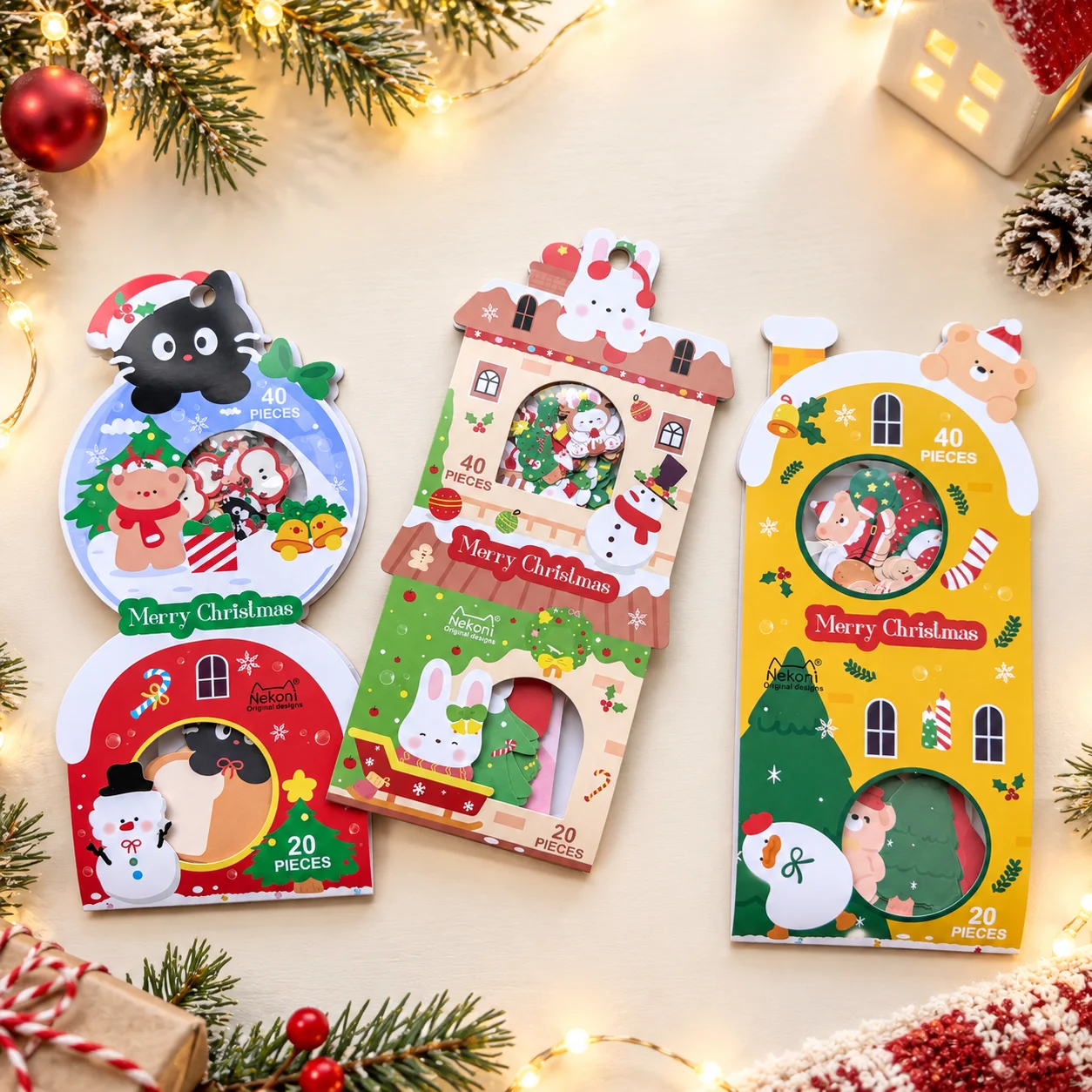 NEKONI Merry Christmas Cartoon Paper Stickers 40 pcs Stickers+20 pcs Sticky Notes Scrapbooking Diy Journal Stationery Stickers